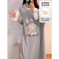 批发【舒雅】拉架仿棉固定胸垫 春秋冬长袖睡裙女圆领睡衣甜美家居服
