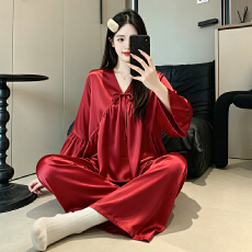 批发秋季新款仙女风七分袖睡衣女冰雪丝纯色长裤氛围感家居服套装