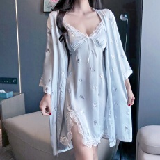 批发【舒雅】冰雪丝可拆胸垫 夏季薄款<b class='q'>吊带</b><b class='q'>睡裙</b>睡袍两件套纯欲睡衣女