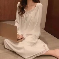 批发【舒雅】牛奶丝 春<b class='q'>夏</b>秋睡裙女宫廷风长袖蕾丝公主风长裙家居睡衣