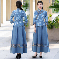 批发实拍2026早春复古水洗磨白牛仔国风旗袍小上衣+半身裙两件套套装