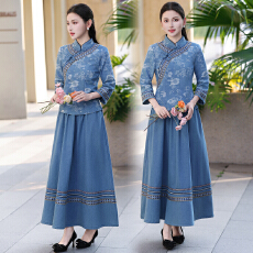 批发实拍2026早春复古水洗磨白牛仔国风旗袍小上衣+半身裙两件套套装