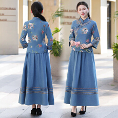 批发实拍2026早春复古水洗磨白牛仔国风旗袍小上衣+半身裙两件套套装