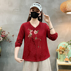 批发2026年春夏新品民族风刺绣七分袖上衣V领套头上衣女式
