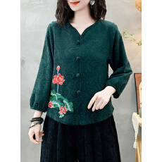 批发2026年春夏新品民族风刺绣七分袖上衣V领套头上衣女式