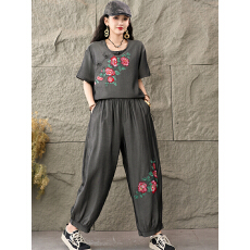 批发实拍2026夏冰丝棉麻新款大码新中式国风短袖拼色显瘦两件套套装