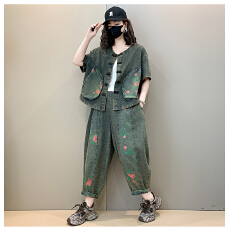 批发实拍2026年春复古水洗磨白贴布大码<b class='q'>牛仔</b><b class='q'>女</b>松紧腰宽松<b class='q'>小脚裤</b>套装