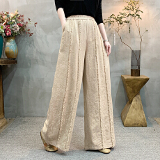 批发实拍2026棉麻新款大码新中式国风拼色显瘦阔腿裤