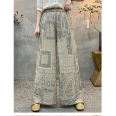 批发实拍2026<b class='q'>棉麻</b>新款大码新中式国风拼色显瘦阔腿<b class='q'>裤</b>