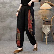 批发实拍2026<b class='q'>棉麻</b>新款大码新中式国风拼色显瘦萝卜<b class='q'>裤</b>