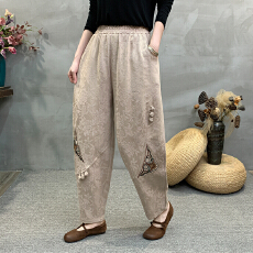 批发实拍2026<b class='q'>棉麻</b>新款大码新中式国风拼色显瘦萝卜<b class='q'>裤</b>