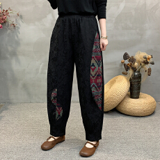 批发实拍2026<b class='q'>棉麻</b>新款大码新中式国风拼色显瘦萝卜<b class='q'>裤</b>