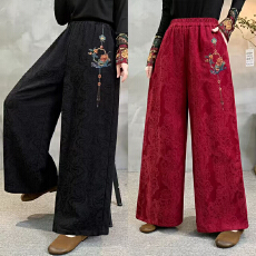 批发实拍2026棉麻新款大码新中式国风拼色显瘦阔腿裤