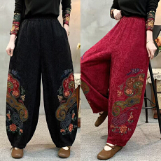 批发实拍2026棉麻新款大码新中式国风拼色显瘦阔腿裤