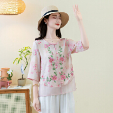 批发实拍2026夏洗水棉麻新款大码新中式国风显瘦绣花衬衣