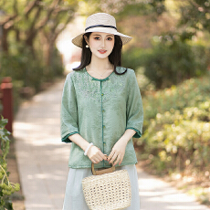 批发实拍2026夏洗水棉麻新款大码新中式国风显瘦绣花衬衣