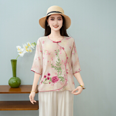 批发实拍2026夏洗水棉麻新款大码新中式国风显瘦绣花衬衣