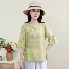 批发实拍2026夏洗水棉麻新款大码新中式国风显瘦绣花衬衣