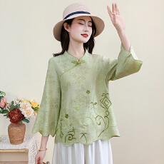 批发实拍2026夏洗水棉麻新款大码新中式国风显瘦绣花衬衣