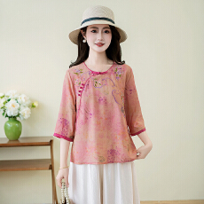 批发实拍2026夏洗水棉麻新款大码新中式国风显瘦绣花衬衣