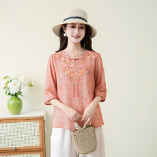 批发实拍2026夏洗水棉麻新款大码新中式国风显瘦绣花衬衣