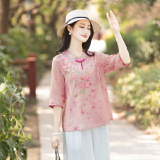 批发实拍2026夏洗水棉麻新款大码新中式国风显瘦绣花衬衣