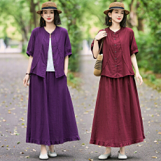 批发2026夏洗水双纱婴儿棉麻棉新款大码新中式国风显瘦两件套套装