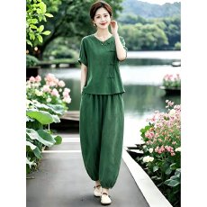 批发新中式盘扣妈妈套装女短袖提花棉麻上衣休闲亚麻<b class='q'>哈伦</b>九分裤两件套