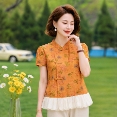 批发2026夏季新款中年女新中式国风花色减龄短袖小衫复古上衣轻薄T恤