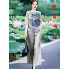批发时尚文艺国风印花上衣+阔腿裤子套装2026年夏季轻薄款气质两件套