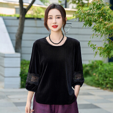 批发实拍新中式圆领丝绒上衣女气质打底衫<b class='q'>加肥</b><b class='q'>加大</b>