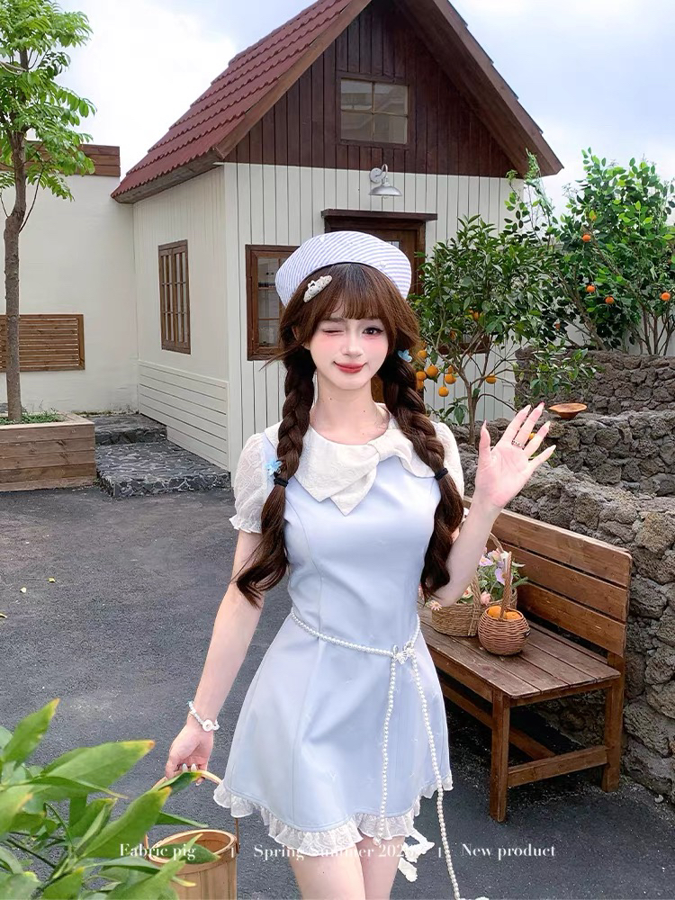직물 돼지 안개 블루 장미 달콤한 스타일 파란색 나비 매듭 칼라 여성 드레스 여름 작은 청신 아름다운 짧은 치마