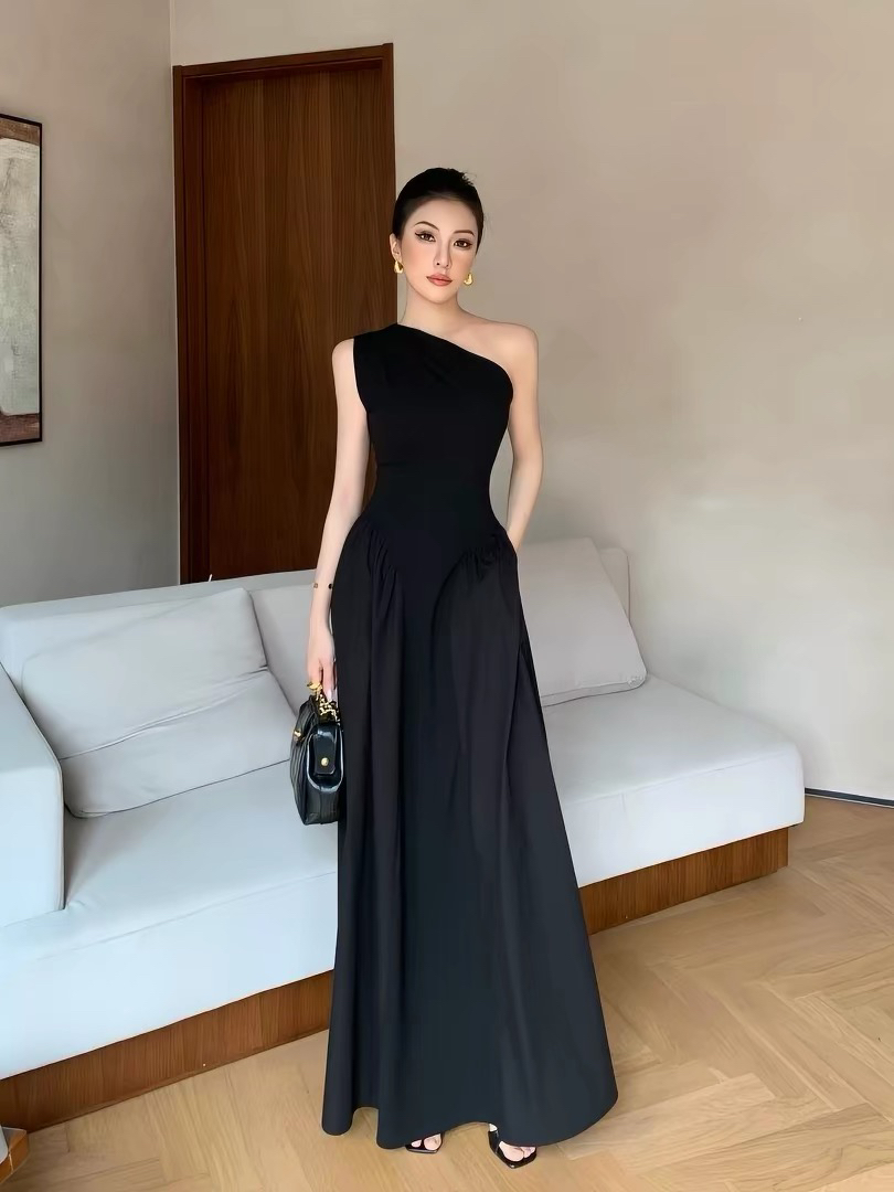 jijinqi 여름 비스듬한 어깨 오프숄더 허리 수축 드레스 고급 센스 검정색 이브닝 드레스 휴가 바람 품격 롱 스커트
