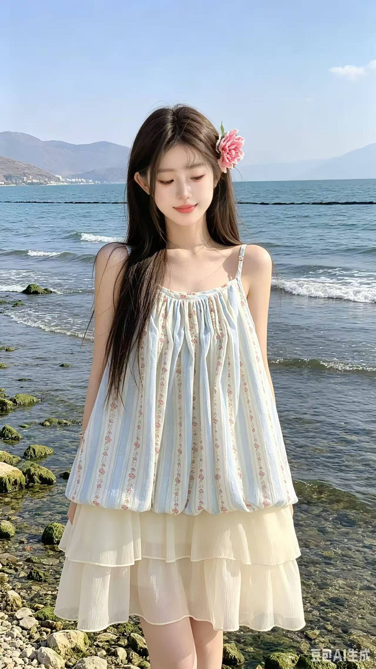달콤함 꽃무늬 홀로우 아웃 슬립 여성 드레스 여름 새로운 작은 키 3 차원 꽃 퍼프 스커트 쇼트 스타일 치마