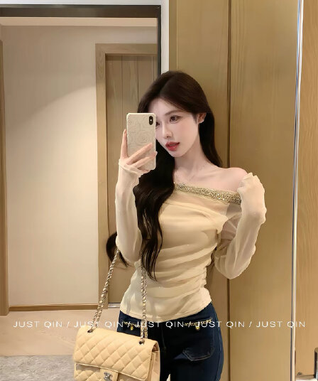 justqin 부드러운 향기로운 옥 8 18 신제품 밝은 훈련 망사 비스듬한 어깨 긴팔 티셔츠 맨위 여성