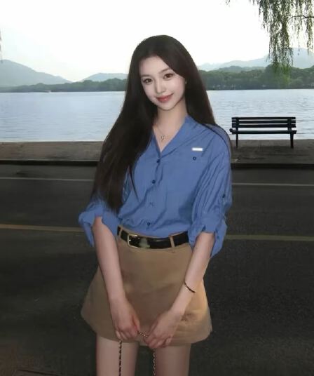 고급 센스 톰 글 래 원인 블루 긴팔 여성 셔츠 여름 루즈핏 자외선 차단 셔츠 재킷 카키 색 미니 스커트 투피스 세트