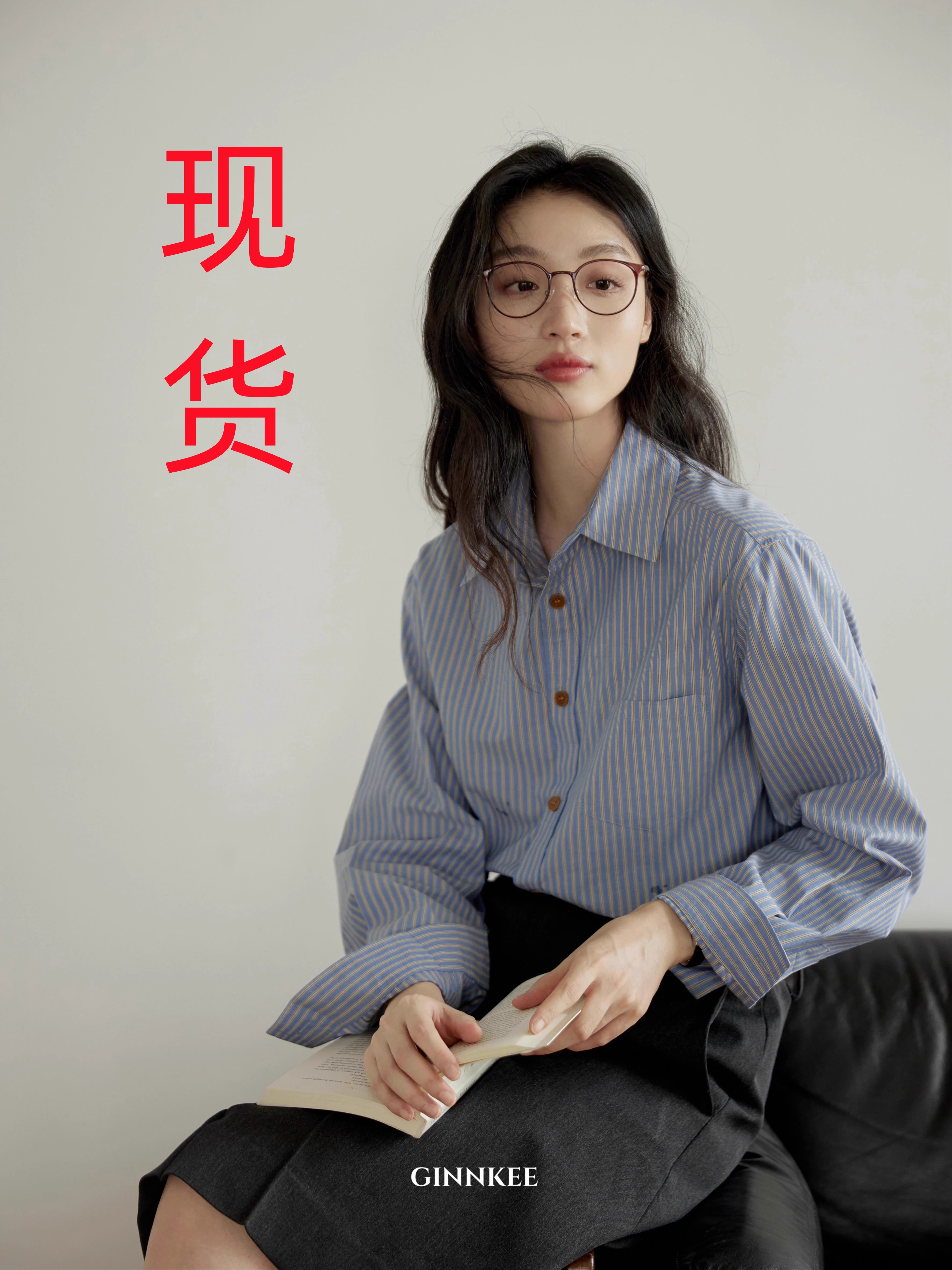 ginnkee 프랑스식 긍정적 인 어깨 파란색 스트라이프 긴팔 여성 셔츠 가을 프랑스식 폴로 칼라 순면 셔츠 Chic 맨위