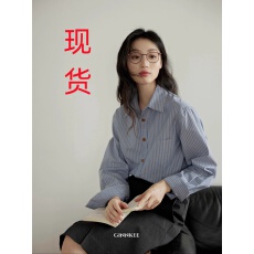 批发GINNKEE 法式正肩蓝色条纹长袖衬衫女<b class='q'>秋</b>法式翻领纯棉衬衣别致上衣