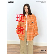 批发BESOBER原创 橙色宽松刺绣格子衬衫开衫上衣女复古休闲衬衣外套<b class='q'>秋</b>