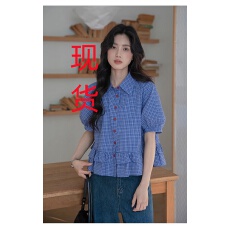 批发叙境塞纳雾绡深蓝色荷叶边格子衬衫女2025夏季高级感短袖衬衣