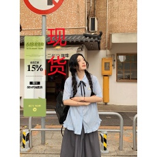 批发吵吵家浅蓝色POLO领日系学院风衬衫女夏季甜美可爱上衣短袖开衫女