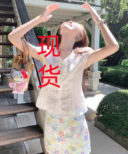 한 번 작은 짭짤한 한 부서 자이언트 잘 생긴 프릴 화이트 V넥 반팔 여성 셔츠 여름 새로운 허리 수축 셔츠 맨위