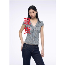 批发Archivum 蓝色木耳边条纹V领正肩收腰剪裁设计感衬衫短袖上衣夏