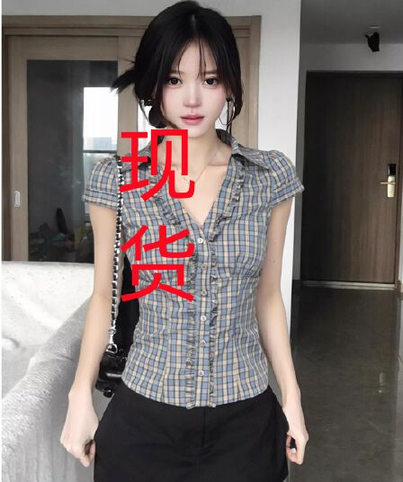 프랑스식 프릴 반팔 여성 셔츠 여름 파란색 체크무늬 셔츠 허리 수축 긍정적 인 어깨 의류