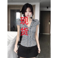 批发法式木耳边短袖衬衫女夏季蓝色格子衬衣收腰正肩上衣