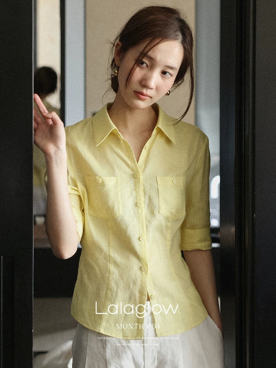 lalaglow 기다려라. 맑은 주간 실크 아마 중간 소매 허리 수축 슬림해 보이는 셔츠 통기성 다용도 맨위 여성 여름 새로운