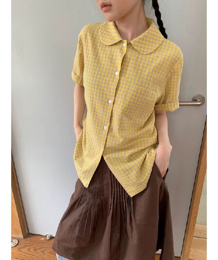 영자 oni 디자인 센스 작은 대중 레트로 체크무늬 반팔 여성 셔츠 일본식 베이비 칼라 루즈핏 느긋한 맨위 여름