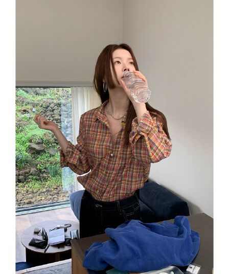 helloooeat 한국 스타일 색상 주름 체크무늬 여성 셔츠 레트로 루즈핏 싱글 줄 버튼 폴로 칼라 긴팔 재킷