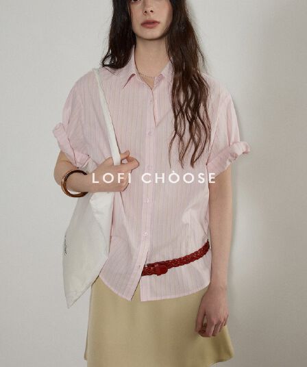 ofi choose 스트라이프 폴로 칼라 순면 반팔 여성 셔츠 여름 새로운 고급 센스 다용도 루즈핏 맨위