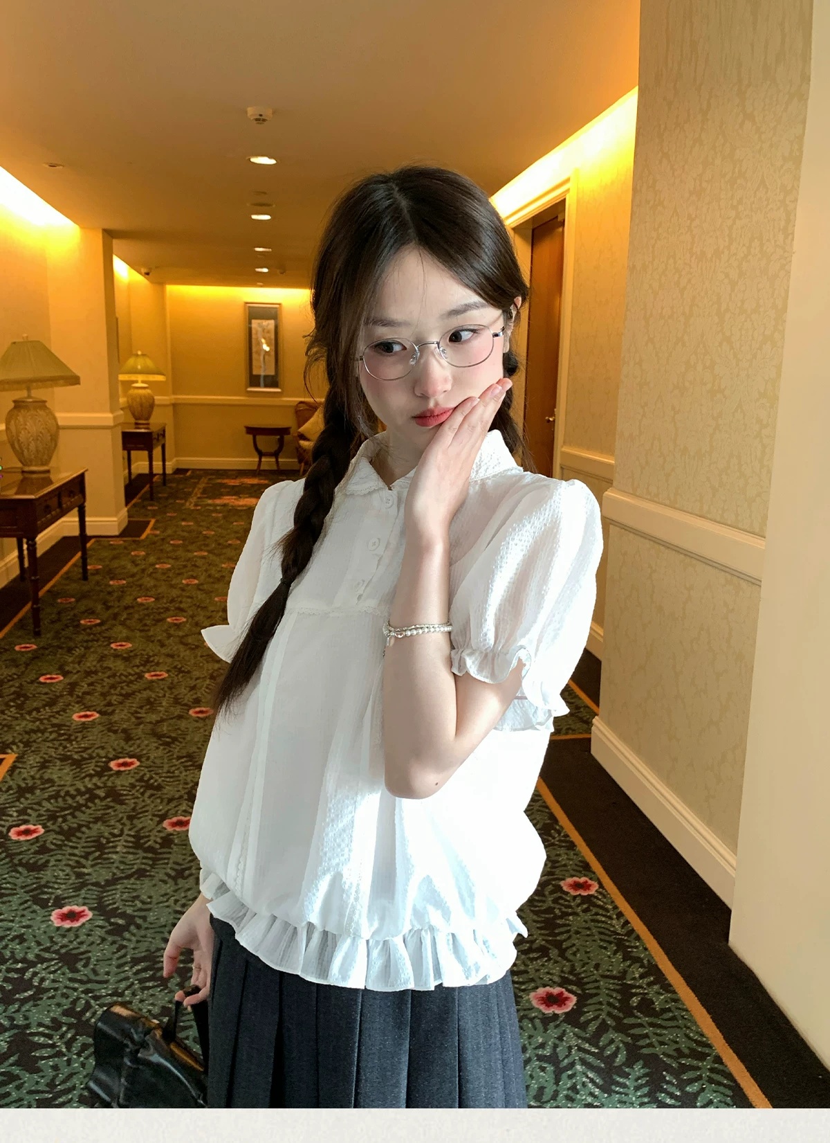 mucha 나무 차 스타 도자기 달콤한 스타일 거품 소매 폴로 칼라 꽃밭 작은 셔츠 여성 프릴 슬림해 보이는 반팔 맨위